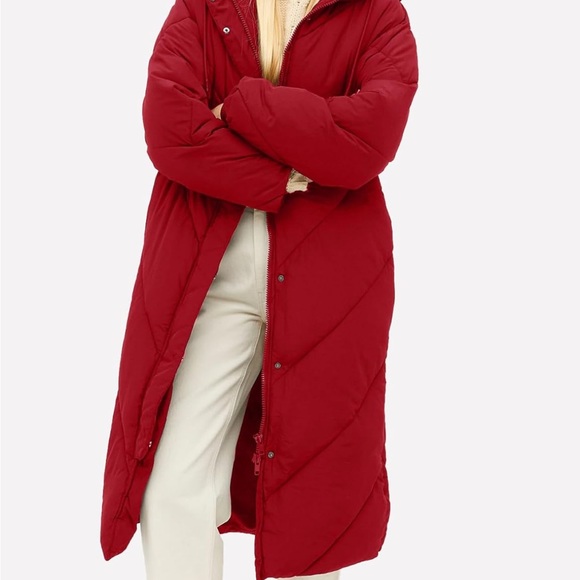 Red Quilted Hooded Long Coat women thick winter snow ski jacket - Picture 3 of 3